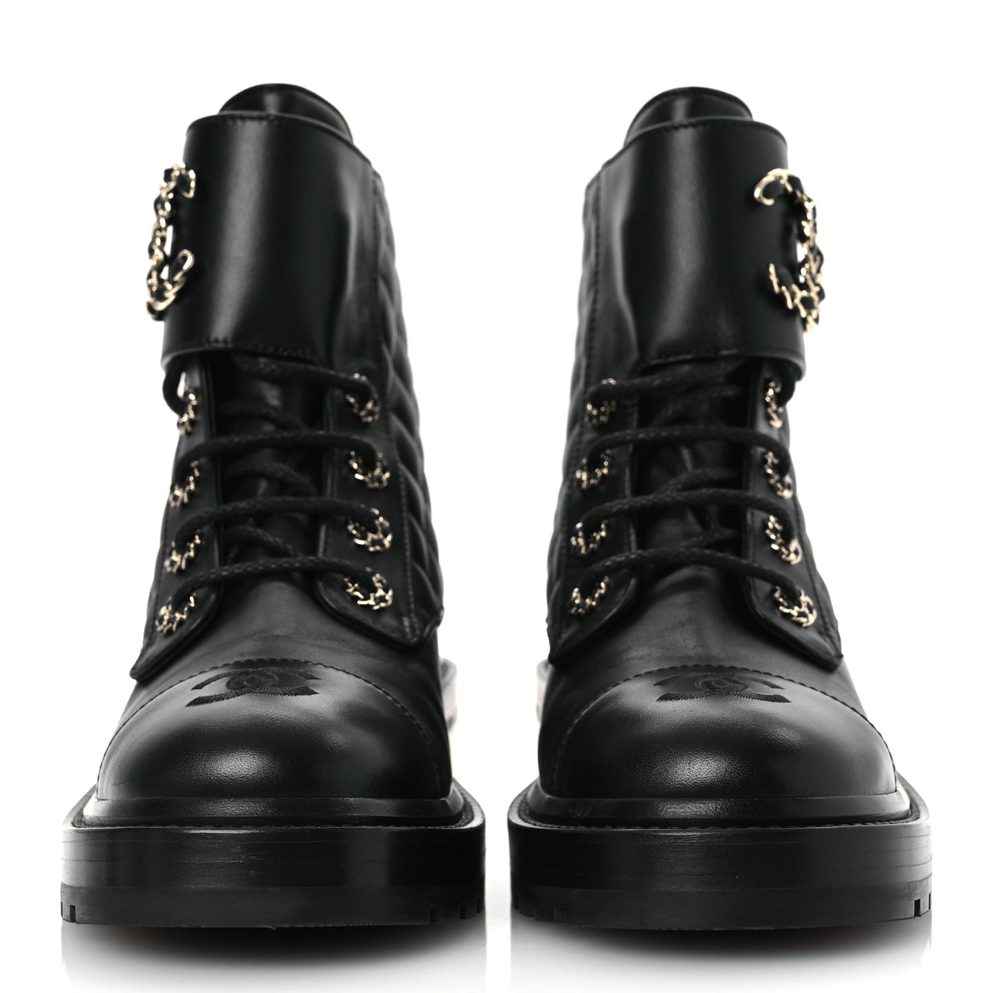 Lambskin Calfskin Quilted Lace Up Combat Boots 38 Black
