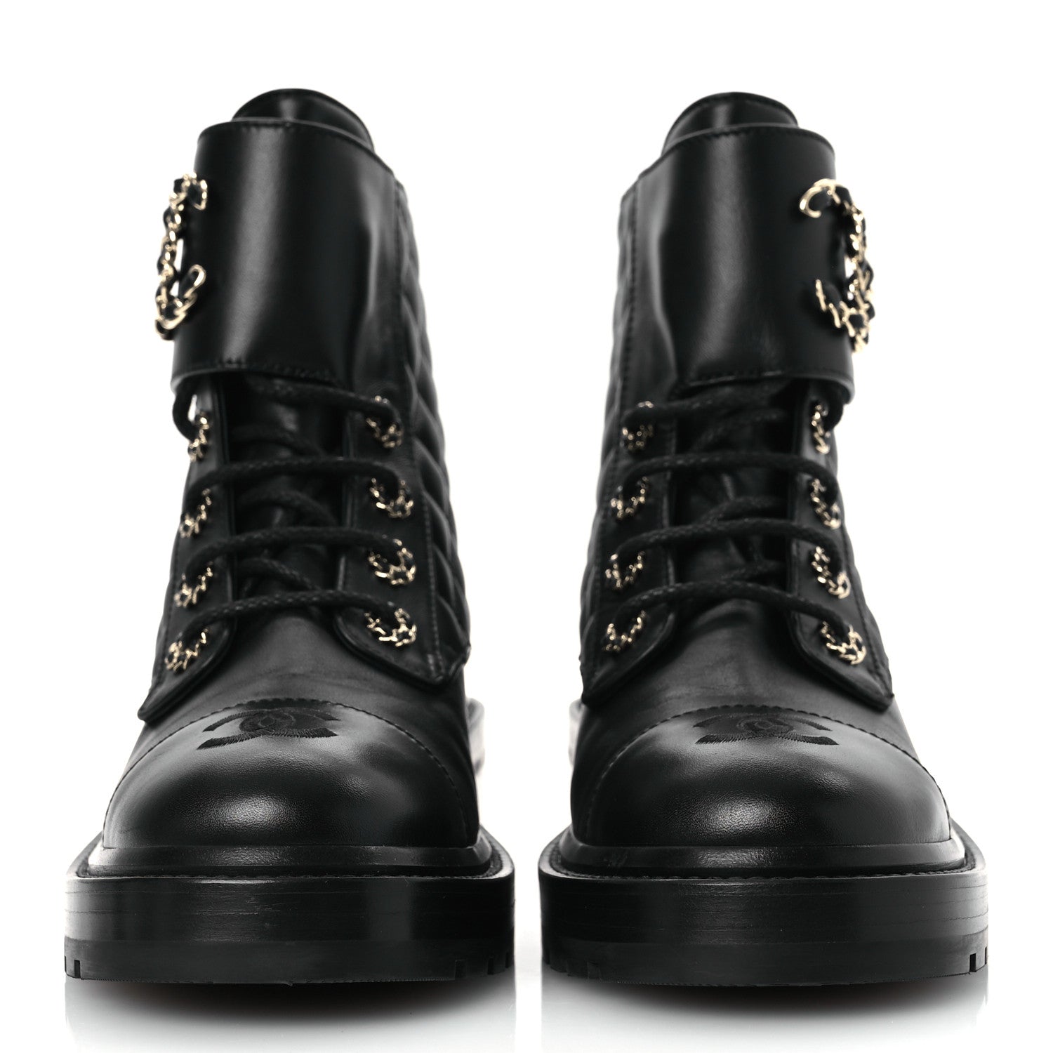 Chanel Lambskin Calfskin Quilted Lace Up Combat Boots 38 Black 3 of 10