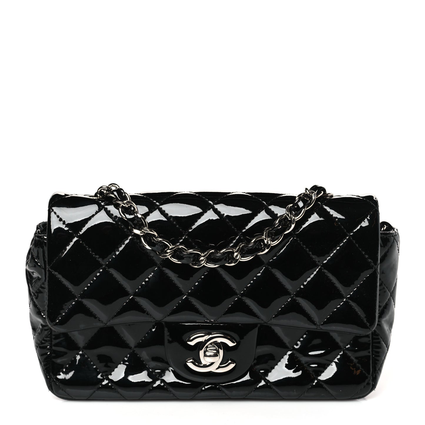 Patent Calfskin Quilted Mini Rectangular Flap Black