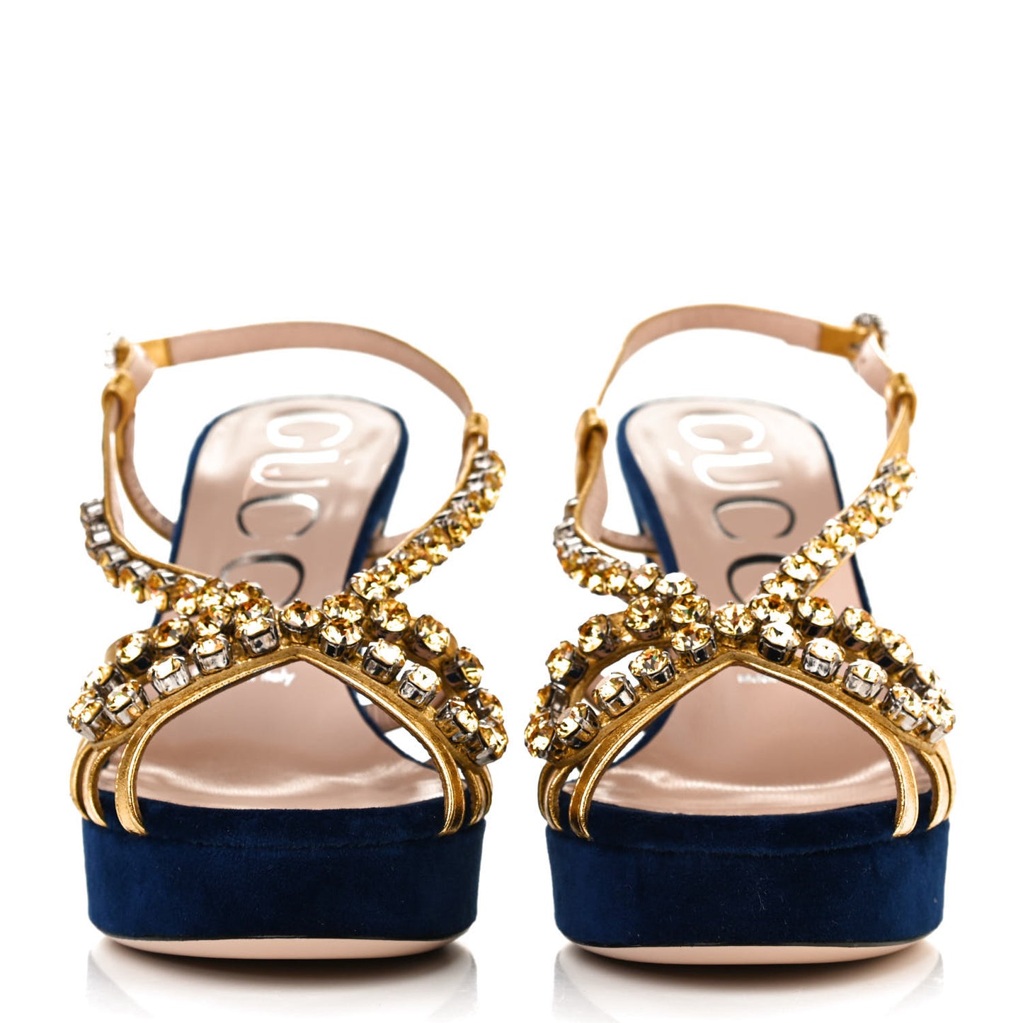 Velvet Nappa Crystal Zephyra Slingback Platform High Heel Sandals 37 Blue Gold