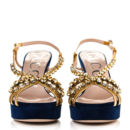 Gucci Velvet Nappa Crystal Zephyra Slingback Platform High Heel Sandals 37 Blue Gold 2 of 9