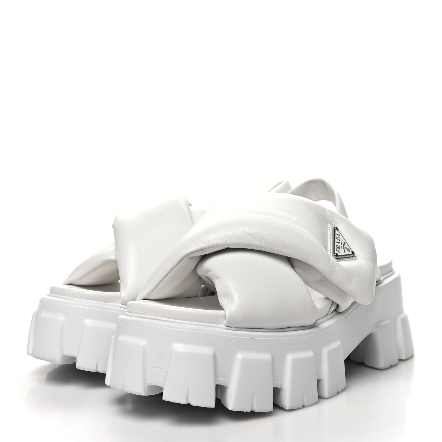 this is an image of a pair of Prada Nappa Soft Metal Triangle Logo Padded Monolith 55mm Slingback Sandals in White by FASHIONPHILE