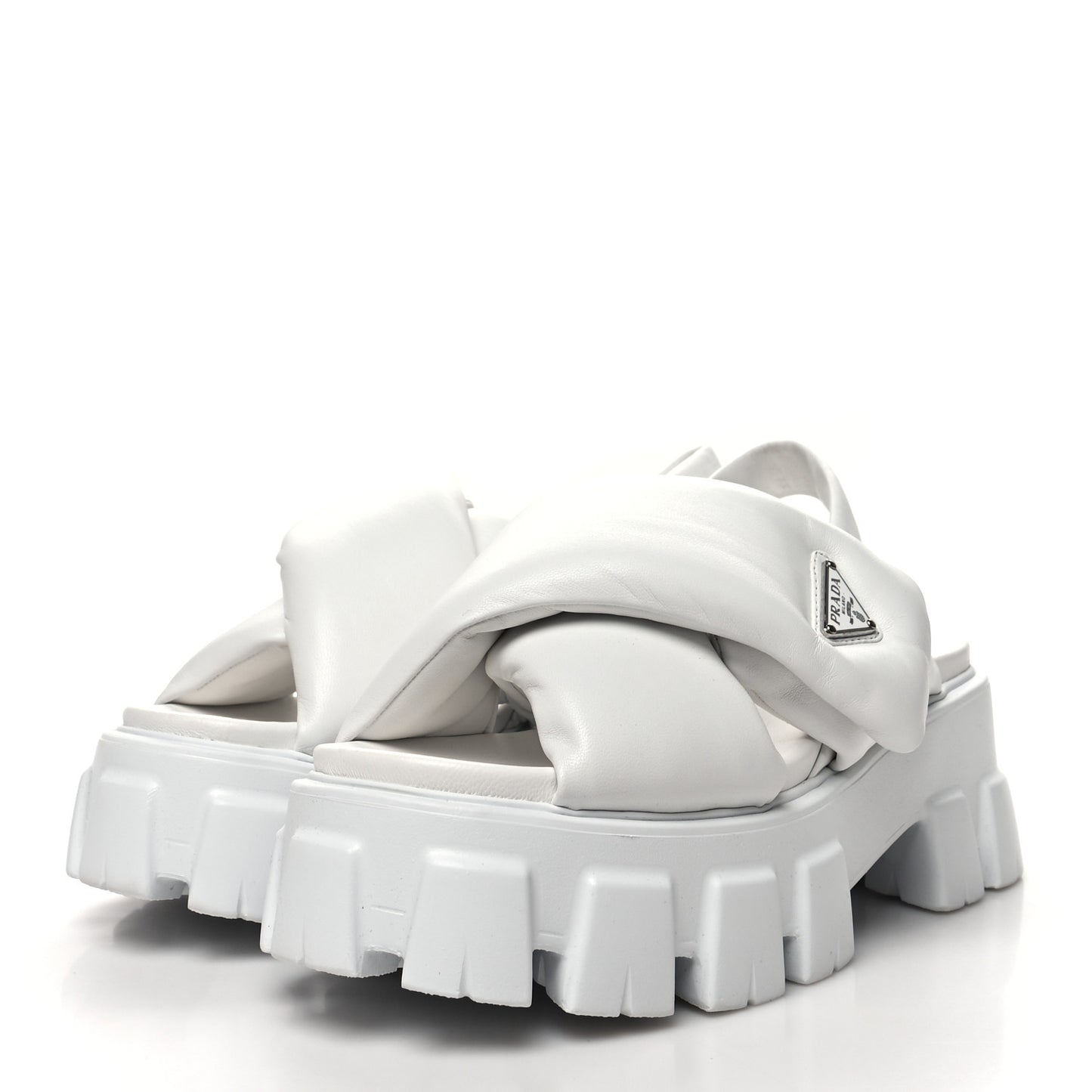 Nappa Soft Metal Triangle Logo Padded Monolith 55mm Slingback Sandals 37.5 White