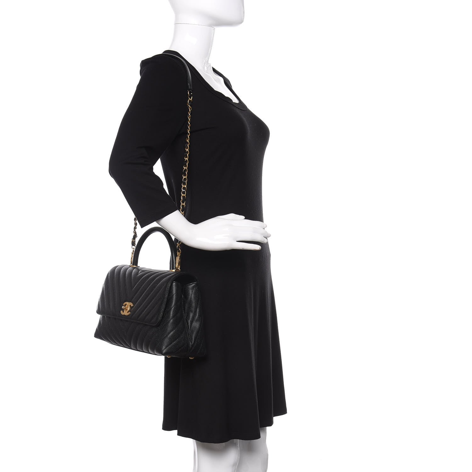 Chanel Caviar Chevron Quilted Small Coco Handle Flap Black 2 of 11