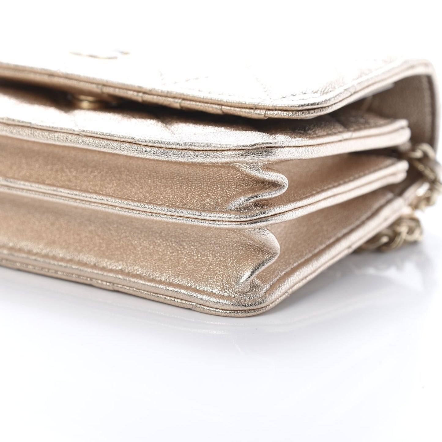 Metallic Lambskin Quilted Mini Wallet On Chain WOC Gold