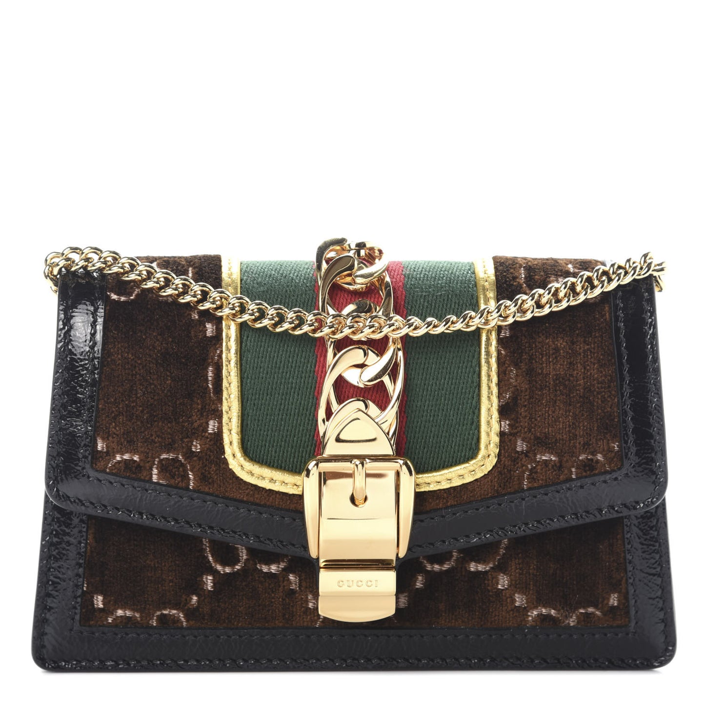 Velvet GG Monogram Web Super Mini Sylvie Chain Shoulder Bag Brown Black Oro Vecchio