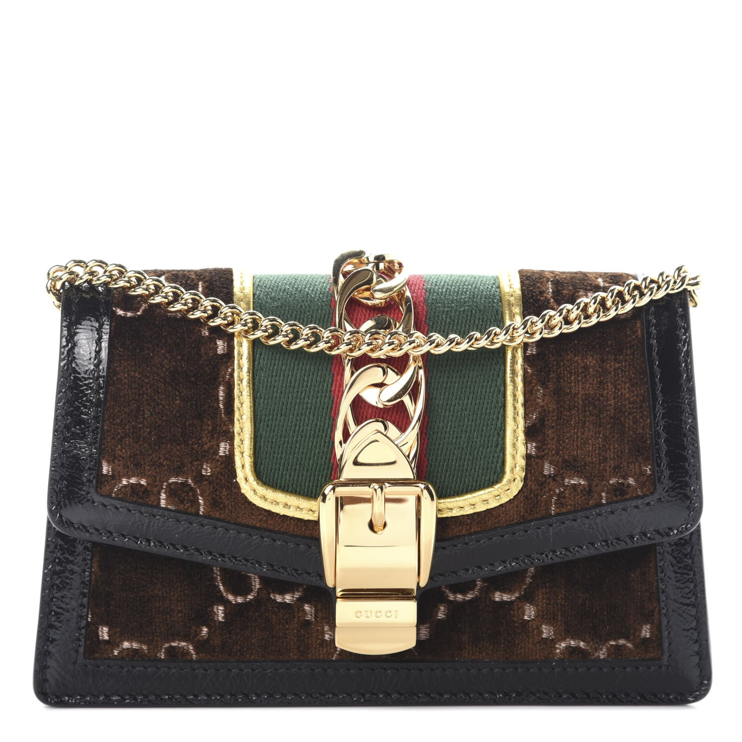 Gucci Velvet GG Monogram Web Super Mini Sylvie Chain Shoulder Bag Brown Black Oro Vecchio 1 of 8