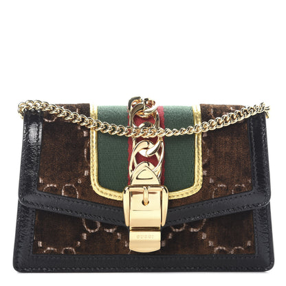 Gucci Velvet GG Monogram Web Super Mini Sylvie Chain Shoulder Bag Brown Black Oro Vecchio 1 of 8