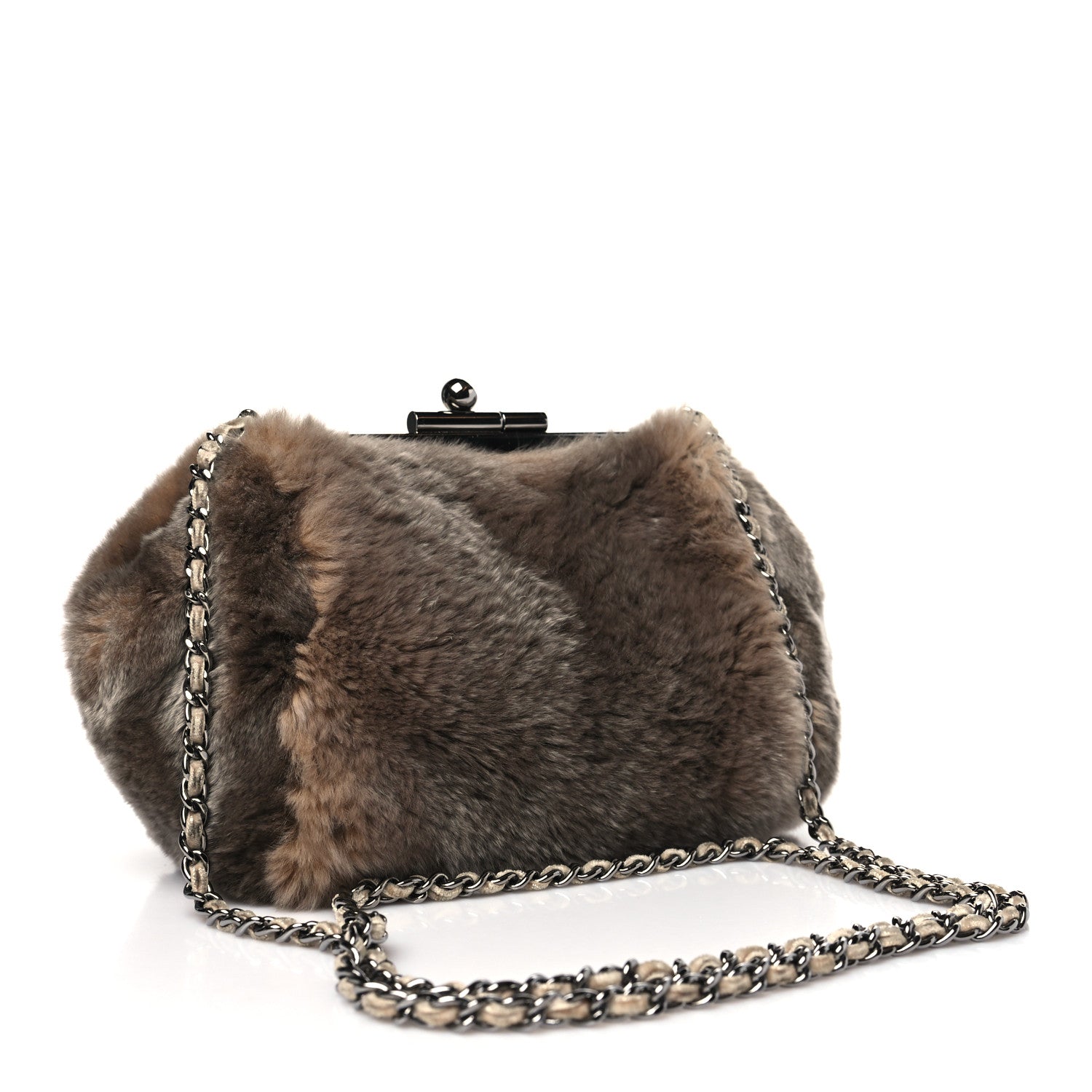 Chanel Rabbit Fur Kiss Lock Chain Clutch Brown 3 of 10