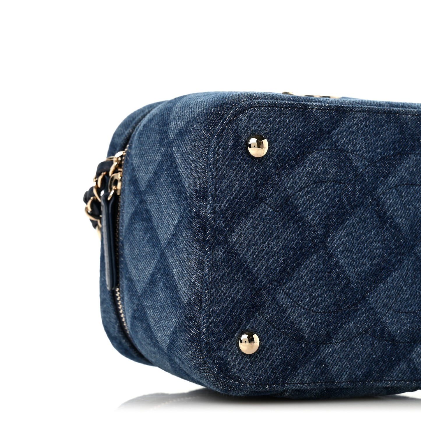 Printed Denim Quilted Mini Top Handle Vanity Case With Chain Dark Blue