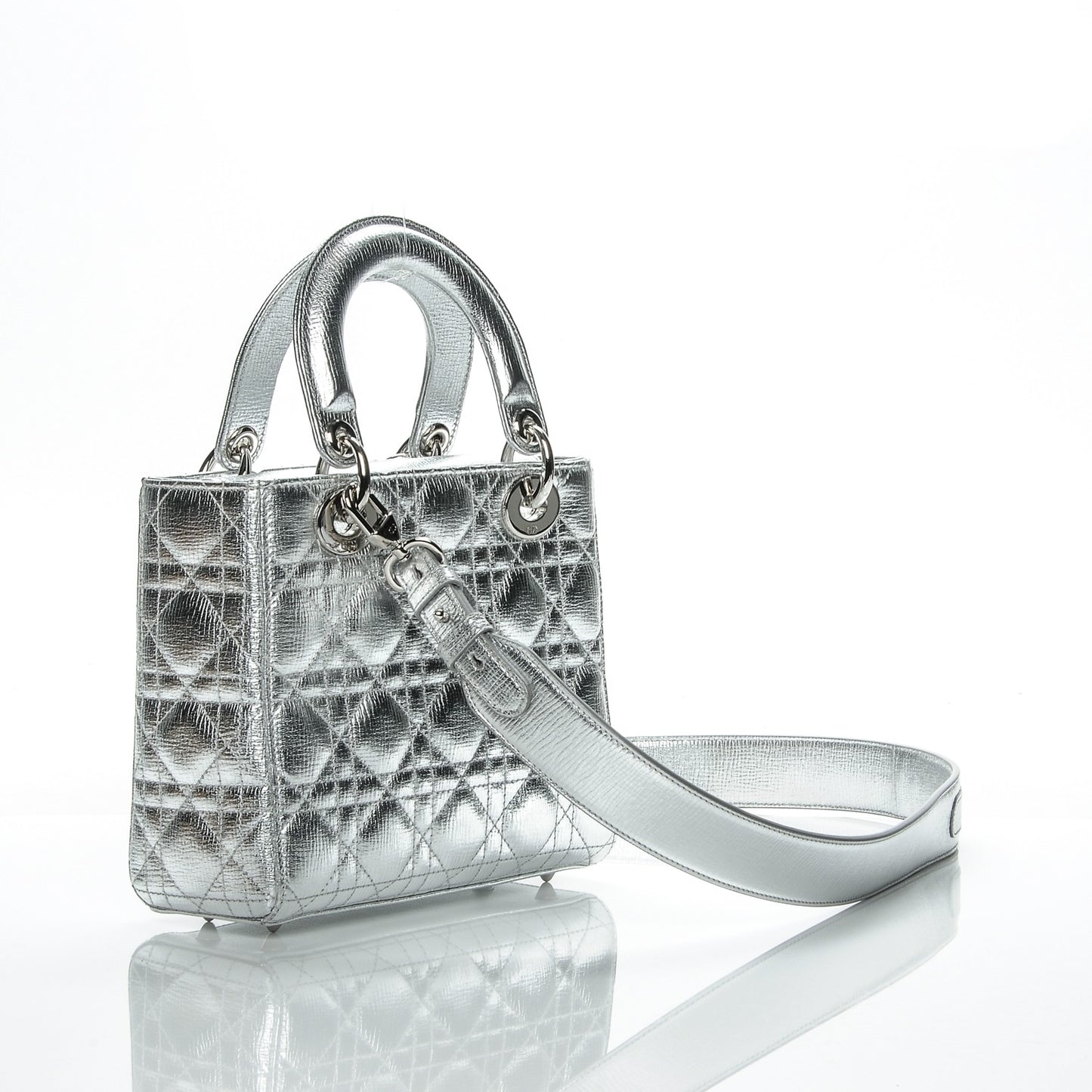 Metallic Grained Calfskin Cannage Small Lucky Badges My Lady Dior Silver