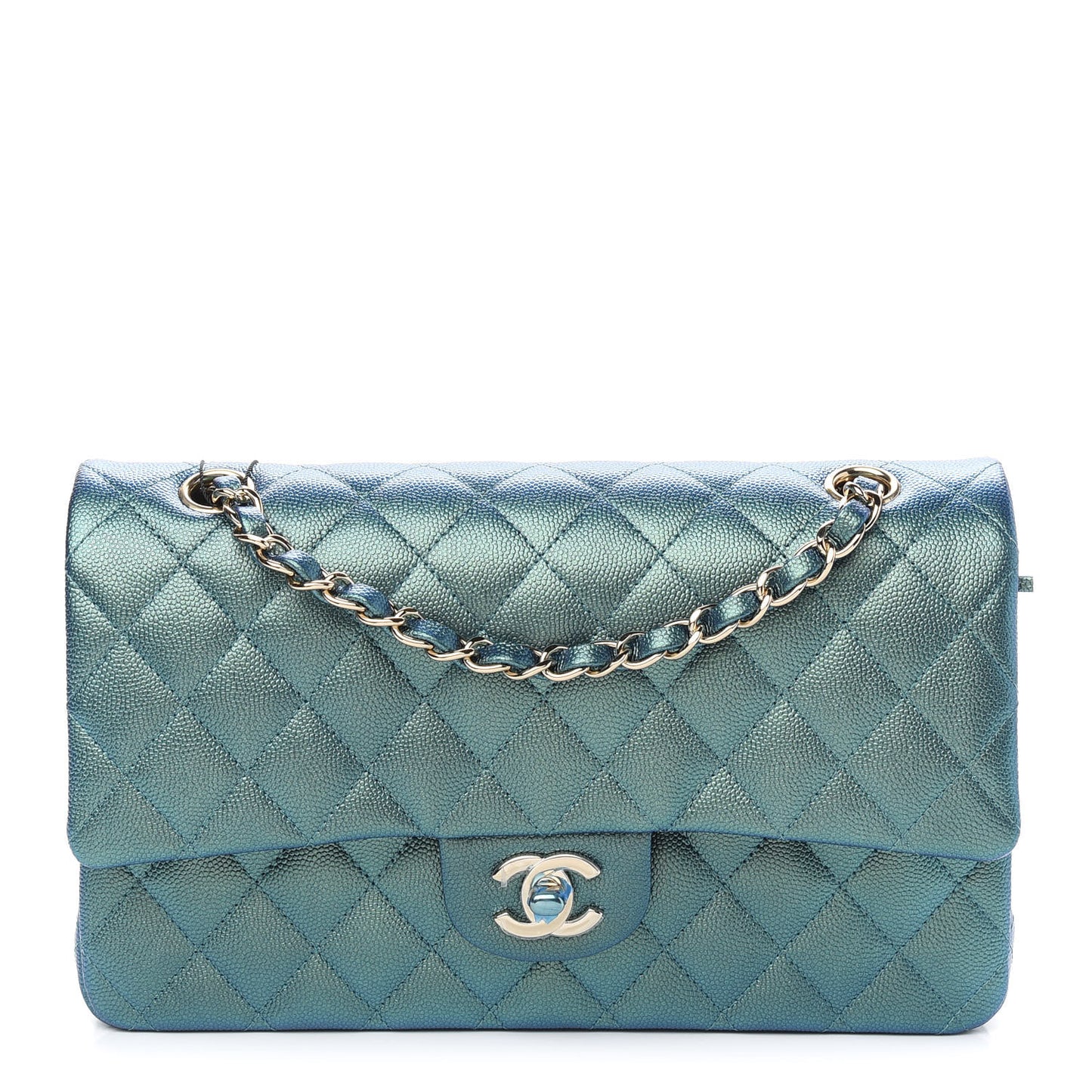 Iridescent Caviar Quilted Medium Double Flap Green