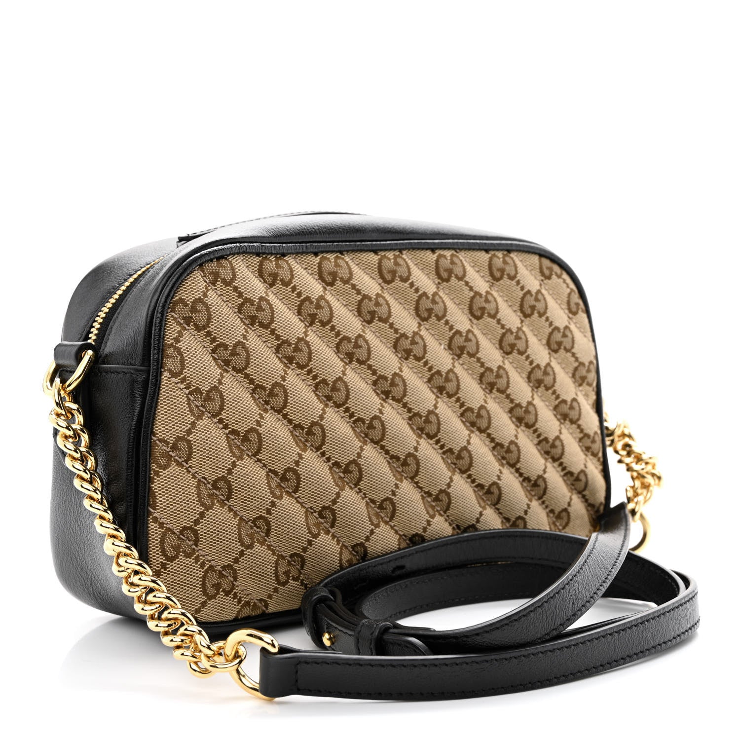 Gucci Monogram Matelasse Diagonal Small GG Marmont Chain Shoulder Bag Beige Black 3 of 10