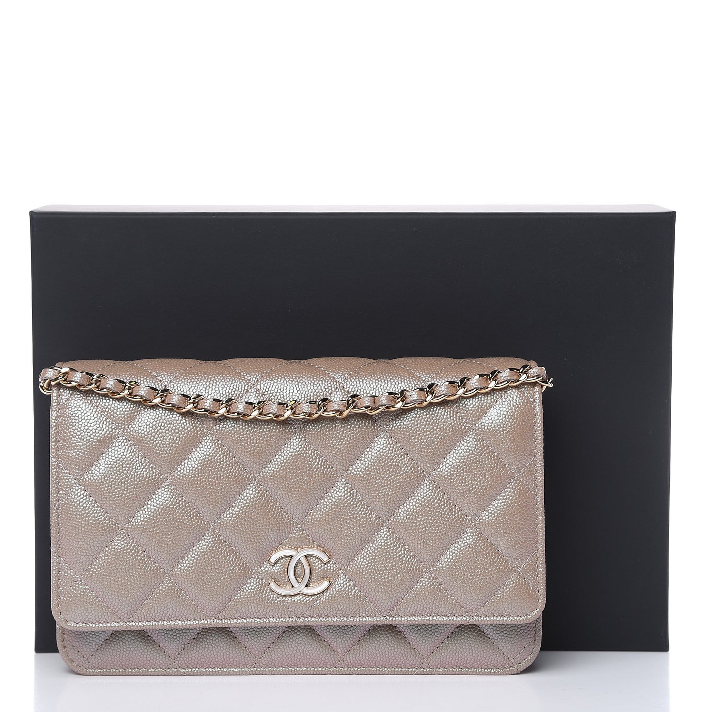 Iridescent Caviar Quilted Wallet On Chain WOC Beige