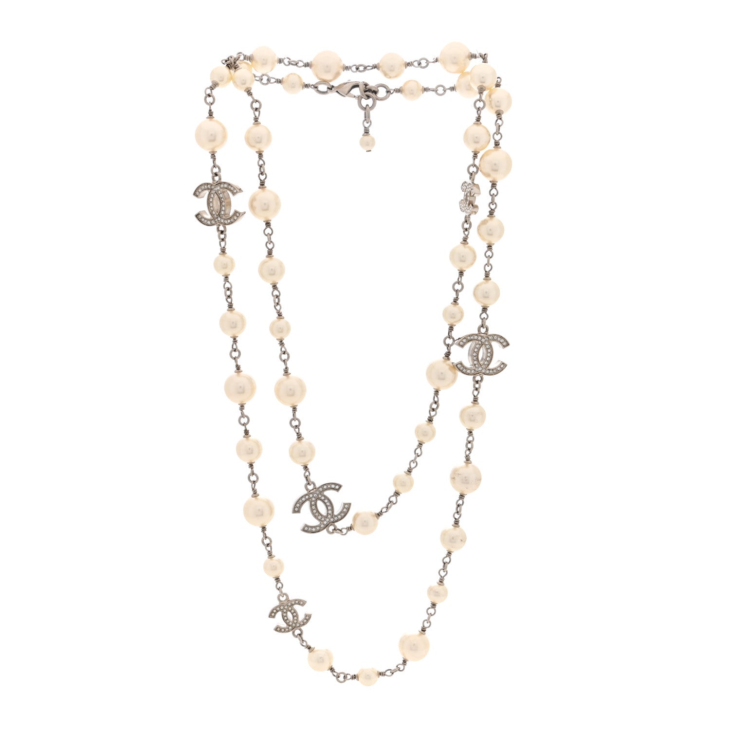 Chanel Crystal Pearl CC Long Necklace Silver 2 of 3