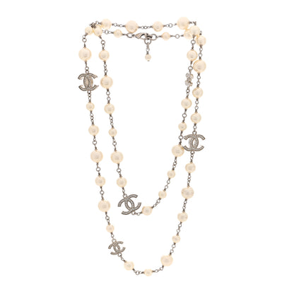 Chanel Crystal Pearl CC Long Necklace Silver 2 of 3
