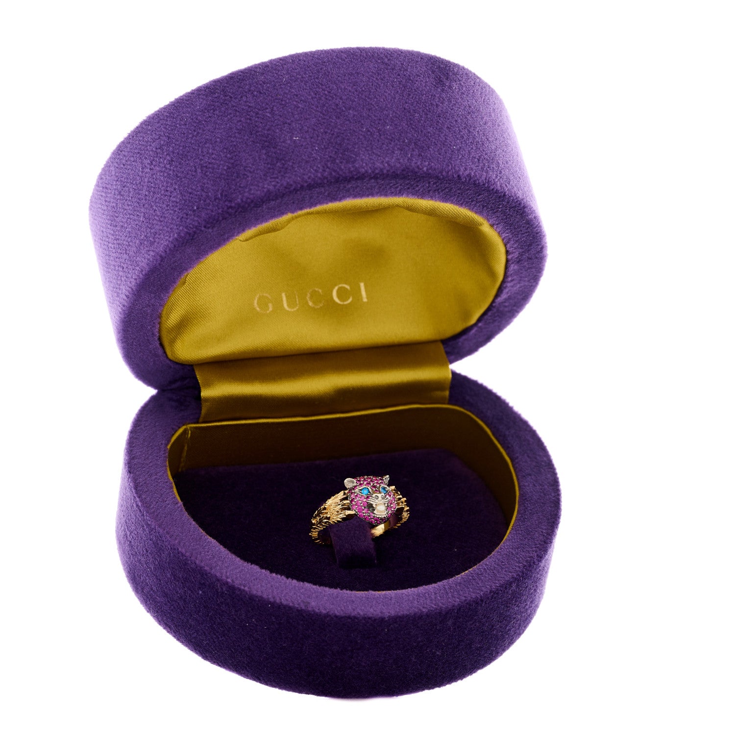 Gucci 18K Yellow Gold Sterling Silver Pink Sapphire Blue Topaz Pearl Le Marche Des Merveilles Feline Ring 54 6.75 7 of 7