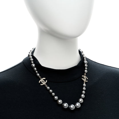 Chanel Crystal Baguette Graduated Pearl CC Short Necklace Silver Grey 2 of 5