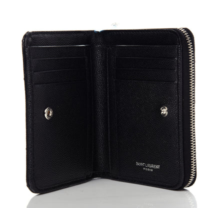 Saint Laurent Grain De Poudre Matelasse Chevron Monogram Compact Zip Around Wallet Black 6 of 9