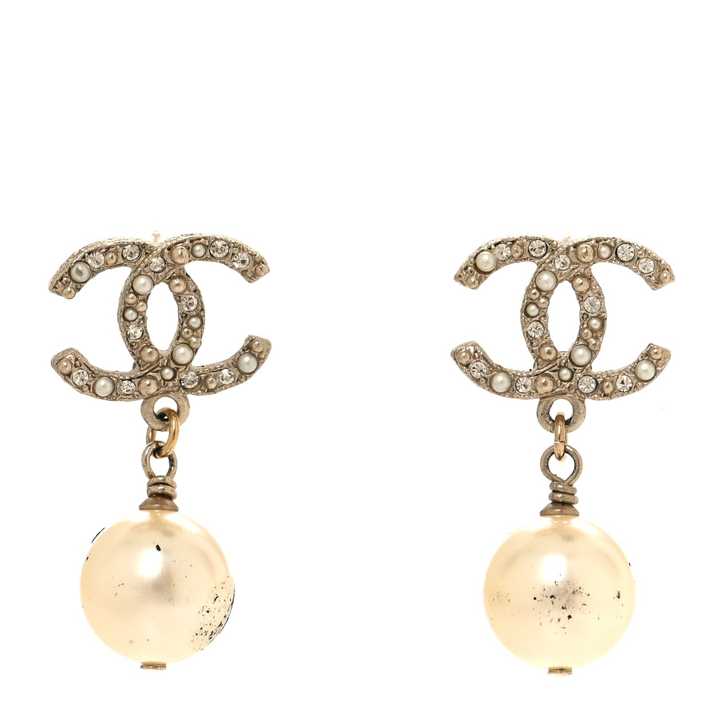 Crystal Pearl CC Drop Earrings Gold