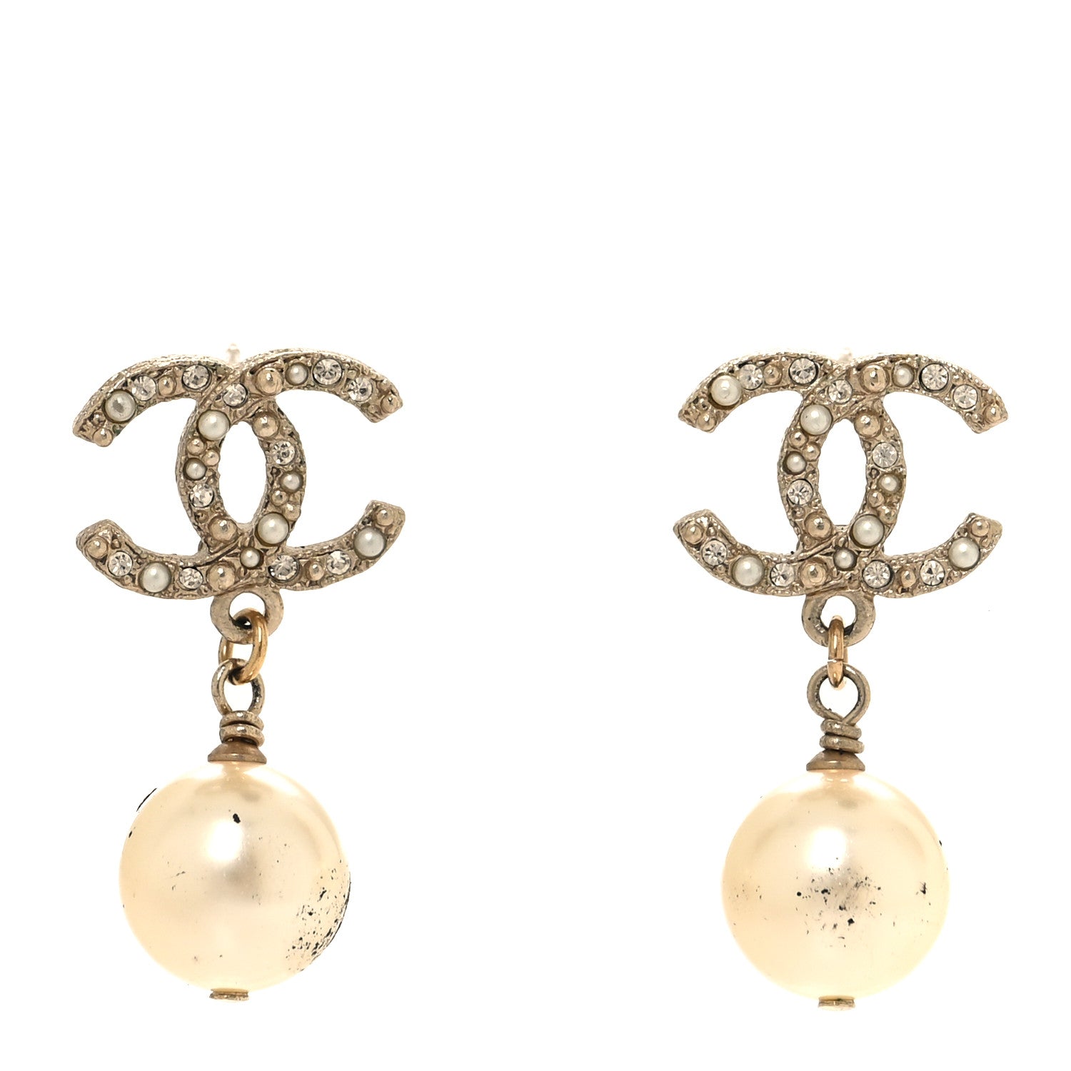 Chanel Crystal Pearl CC Drop Earrings Gold 1 of 6