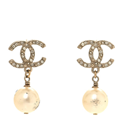 Chanel Crystal Pearl CC Drop Earrings Gold 1 of 6