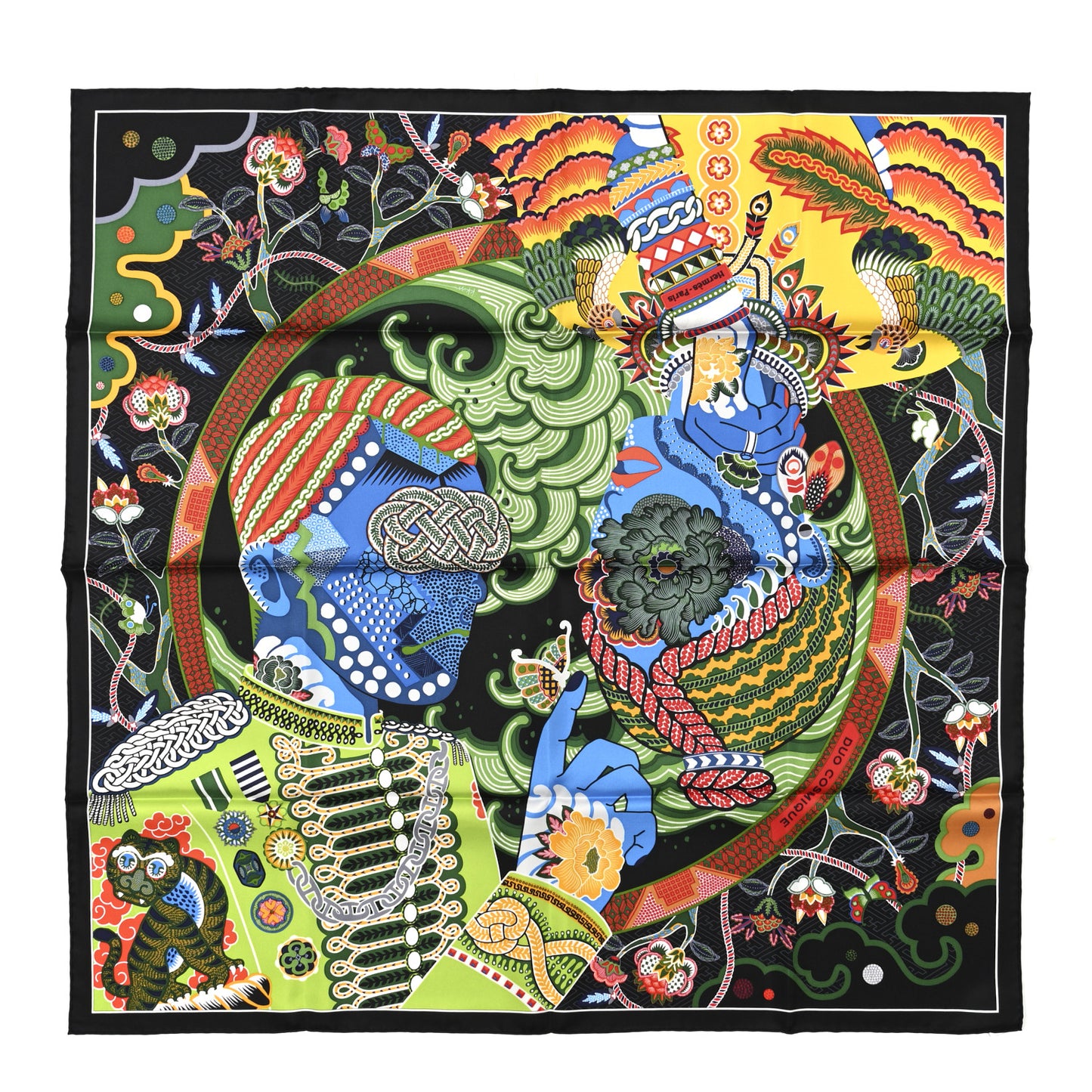 Silk Twill Duo Cosmique Scarf 90 Black Vert Multicolor