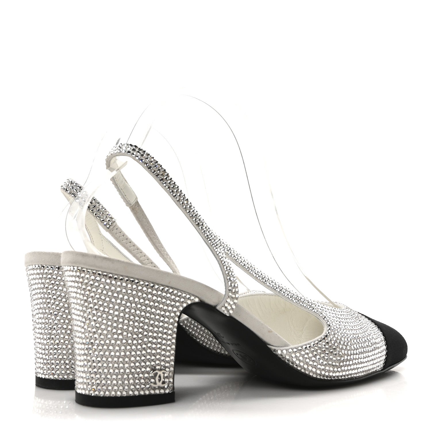 Chanel Strass Grosgrain Cap Toe CC Slingback Pumps 39 Silver Black