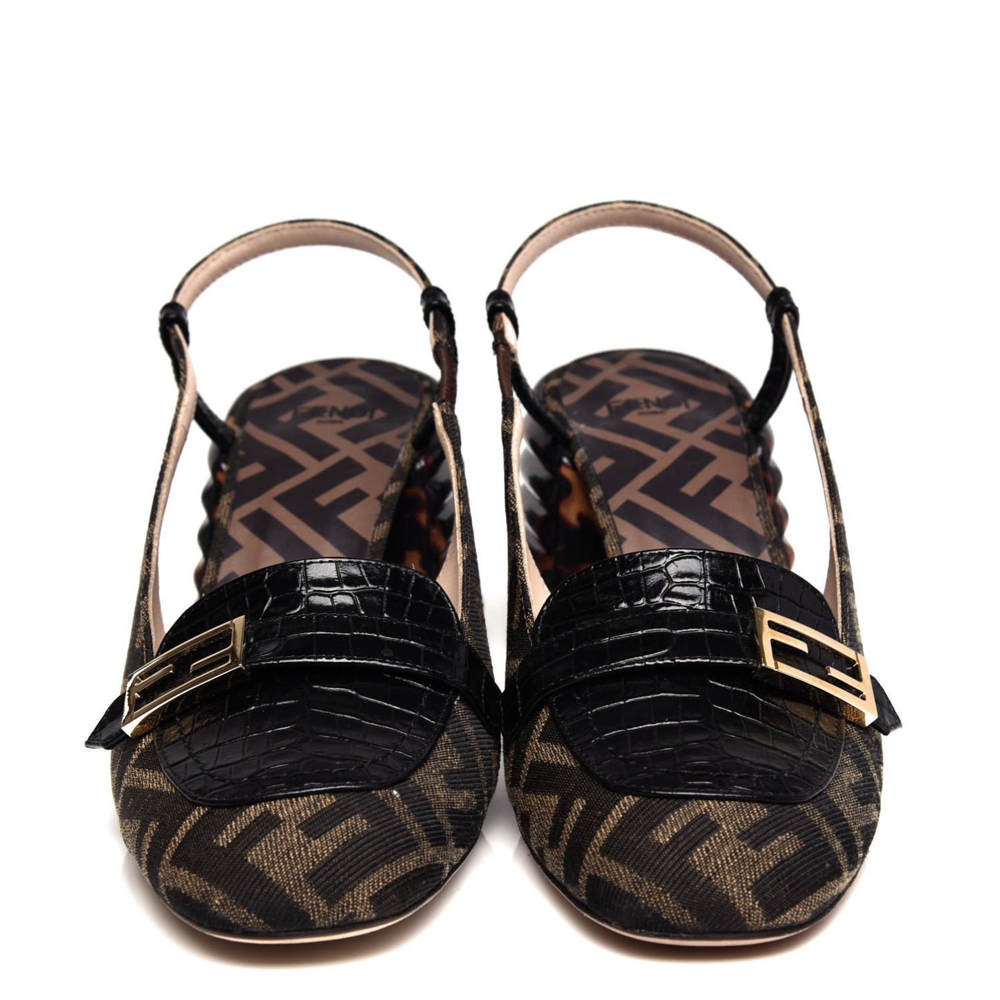Jacquard Calfskin FF Tortoise Promenade Slingback Loafer Pumps 37.5 Tobacco
