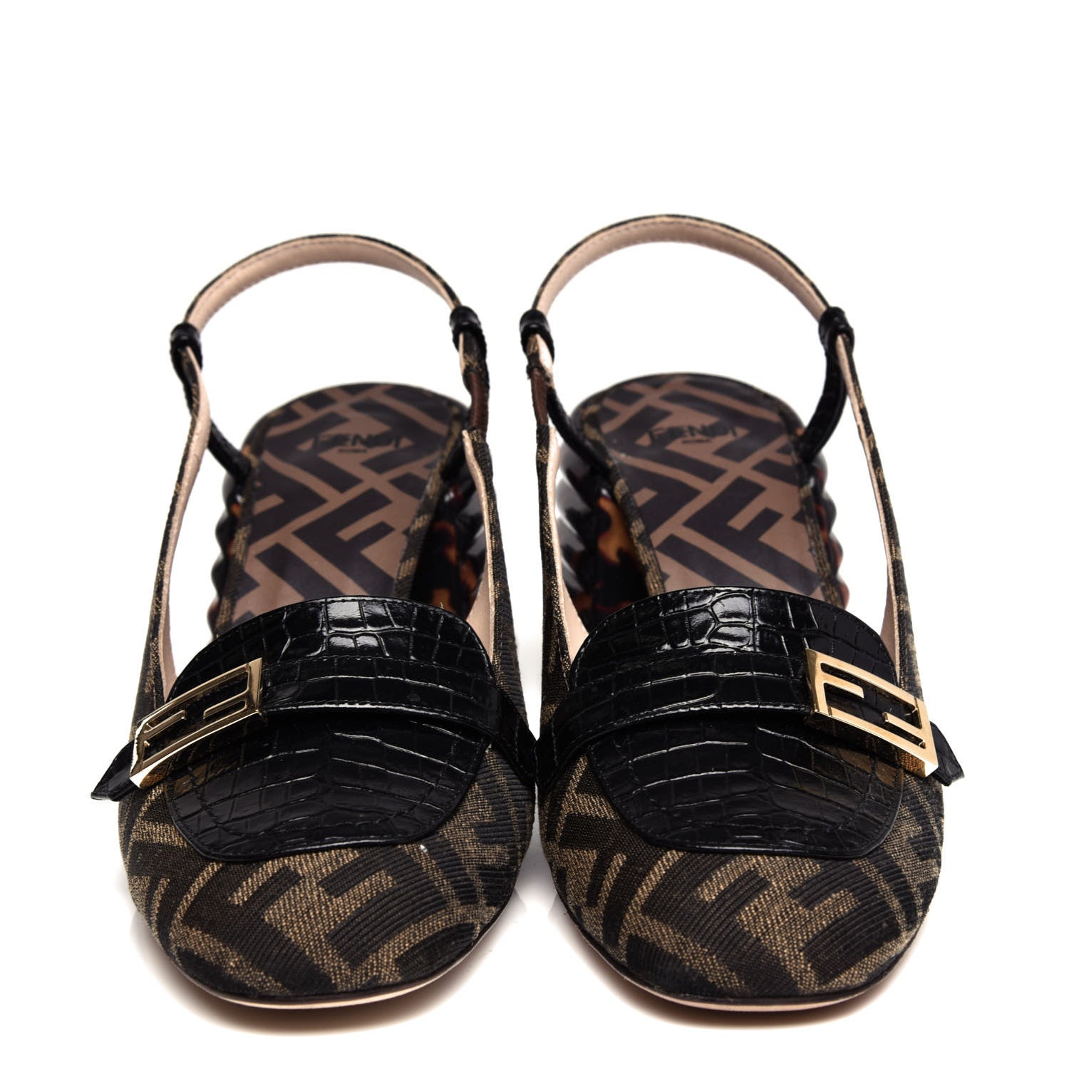 Fendi Jacquard Calfskin FF Tortoise Promenade Slingback Loafer Pumps 37.5 Tobacco 5 of 11