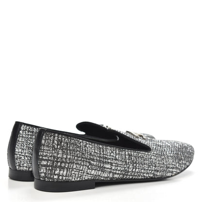 Chanel Fantasy Fabric Grosgrain CC Mocassin Loafers 39 Silver Black 4 of 9
