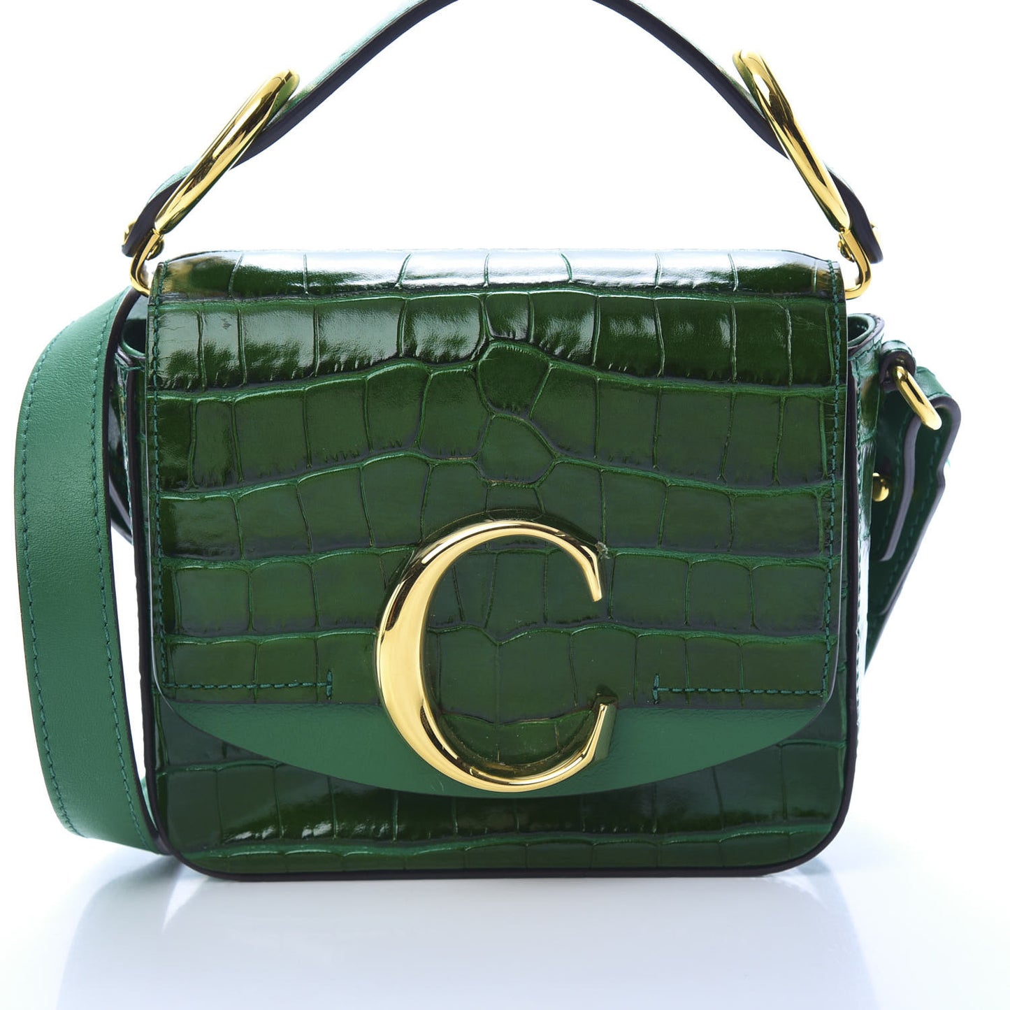 Calfskin Crocodile Embossed Mini C Double Carry Woodsy Green