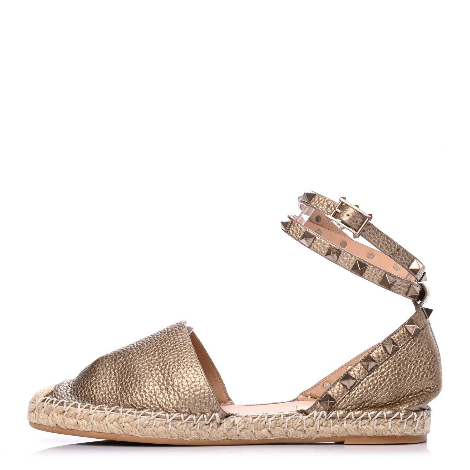 Valentino Garavani Metallic Grained Calfskin Rockstud Ankle Wrap Espadrille 20mm Flats 37 Skin Natural 1 of 10