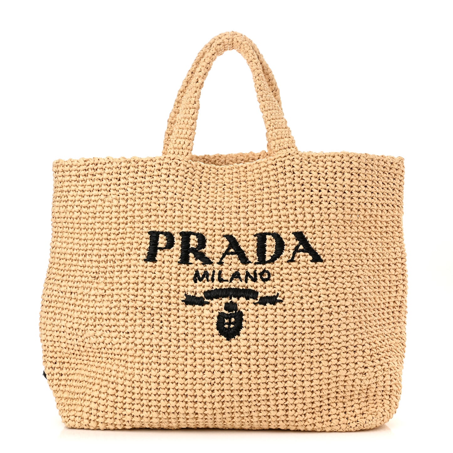 Yarn Raffia Effect Crochet Embroidered Logo Tote Naturale