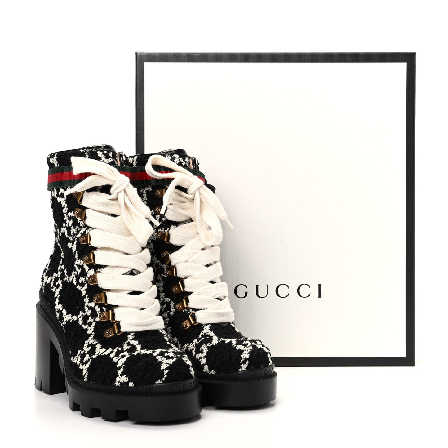 Tweed GG Monogram Lace Up Combat Ankle Boots 36.5 Black