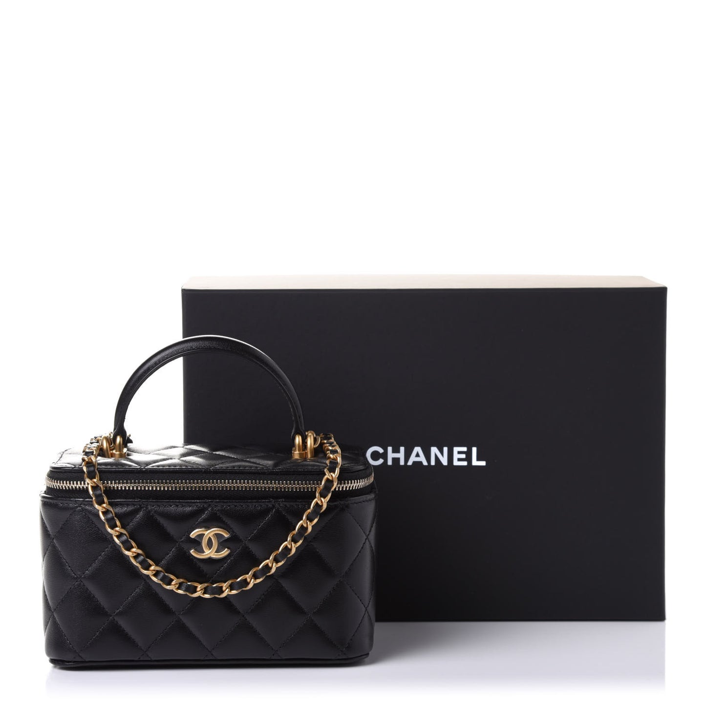 Lambskin Quilted Small Top Handle Vanity Case With Chain Black