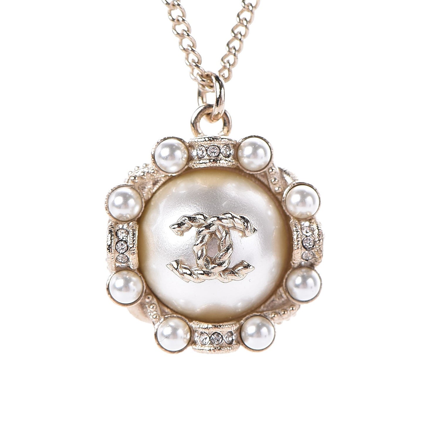 Crystal Pearl CC Medallion Necklace Light Gold
