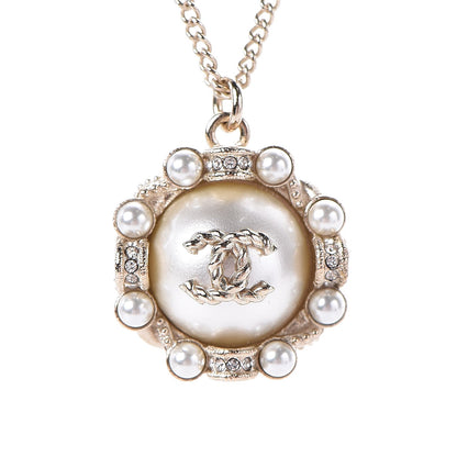 Chanel Crystal Pearl CC Medallion Necklace Light Gold 4 of 6