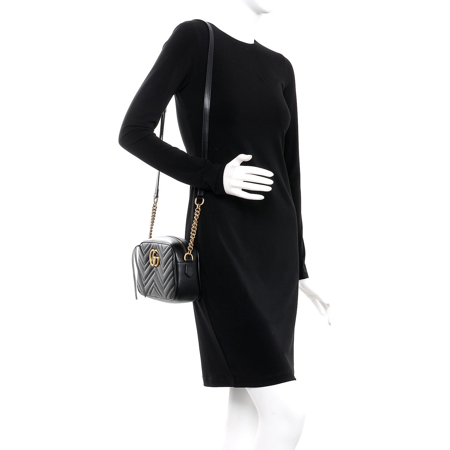 Gucci Calfskin Matelasse Small GG Marmont Chain Shoulder Bag Black 2 of 7