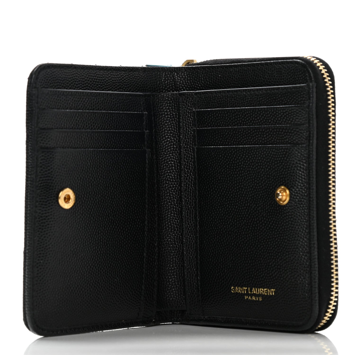 Saint Laurent Grain De Poudre Matelasse Chevron Monogram Compact Zip Around Wallet Black 5 of 9