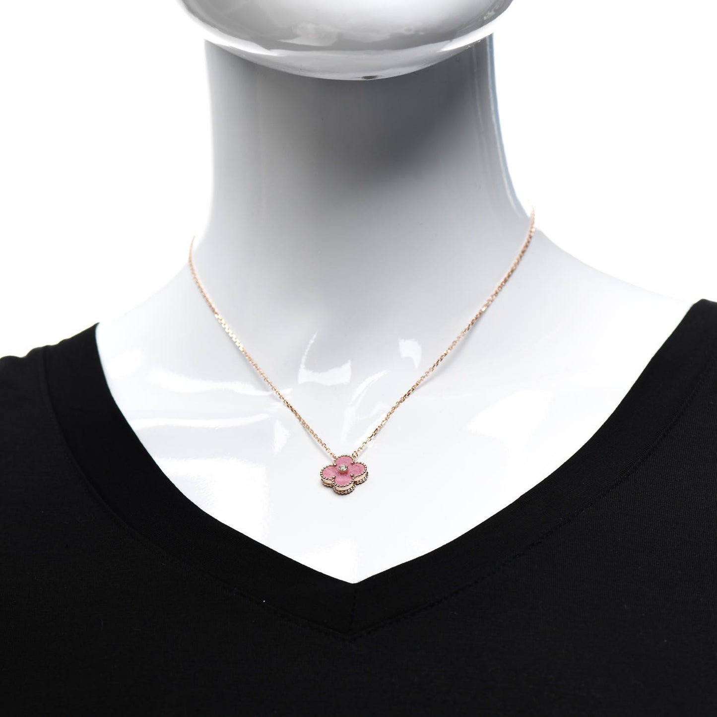 18K Rose Gold Diamond Rhodonite Vintage Alhambra Pendant Necklace