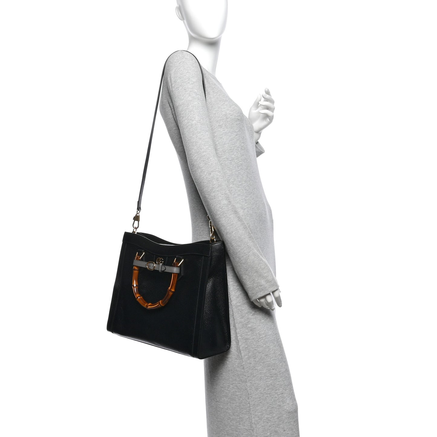 Textured Dollar Calfskin Web Medium Diana Tote Bag Black Dusty Grey