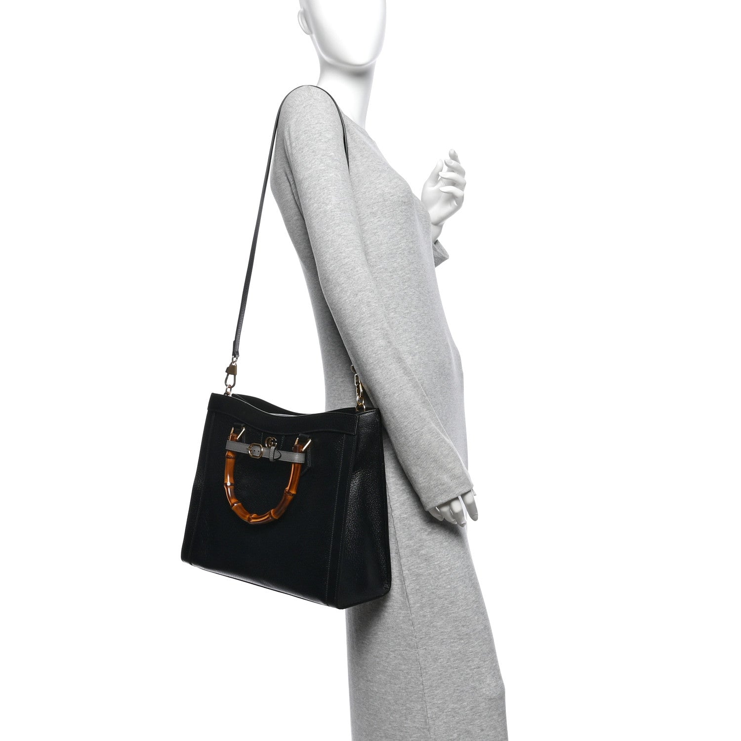Gucci Textured Dollar Calfskin Web Medium Diana Tote Bag Black Dusty Grey 2 of 10