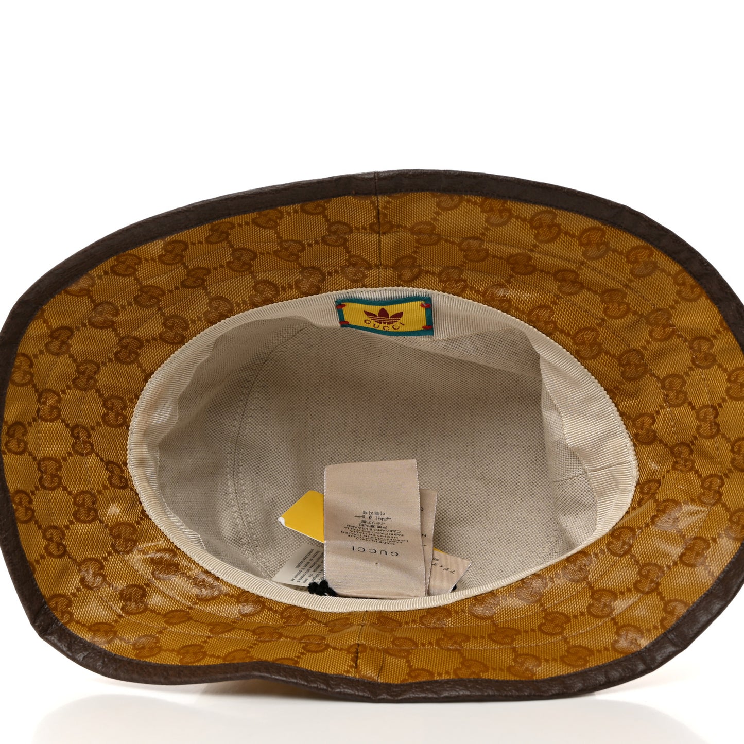 X ADIDAS Crystal Monogram Textured Dollar Calfskin Trefoil Embroidered Stefanos Bucket Hat 57 Mid Natural New Acero