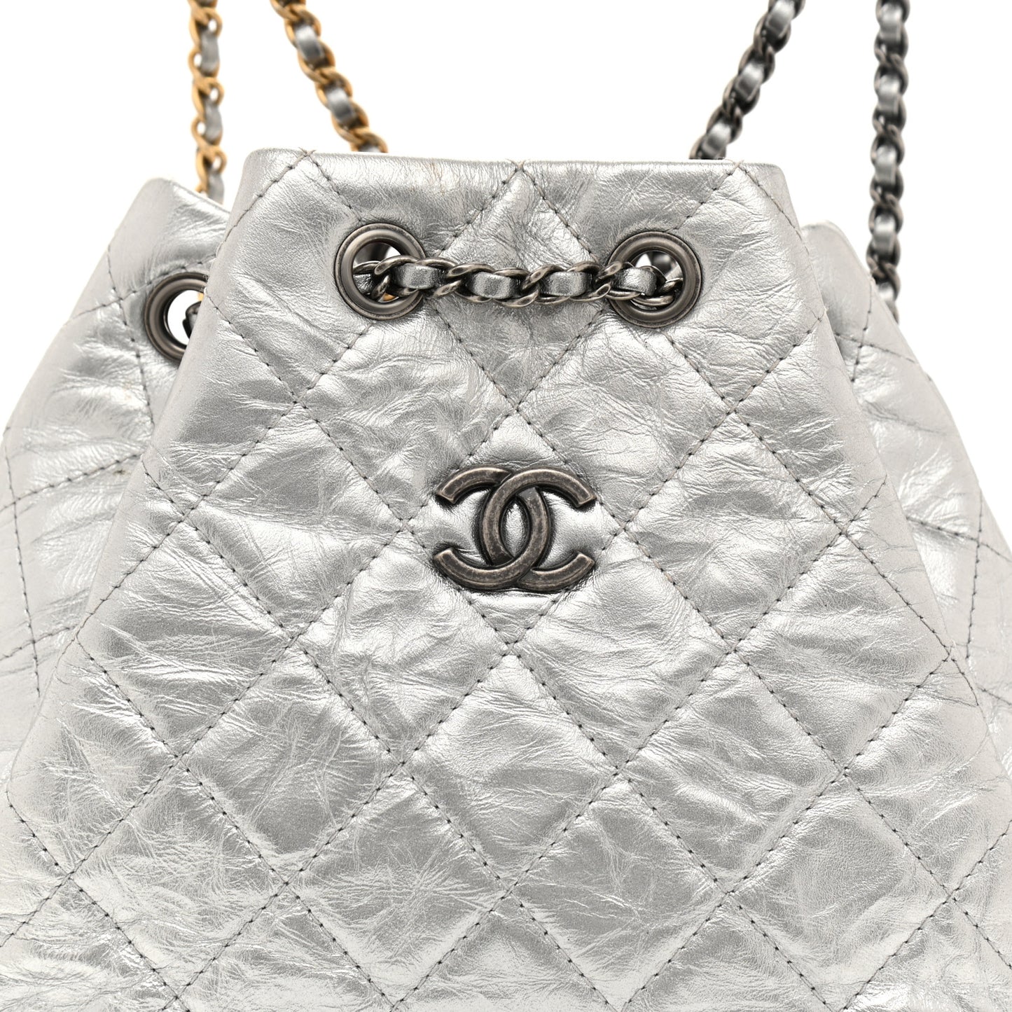 Metallic Crumpled Calfskin Quilted Small Gabrielle Backpack Silver