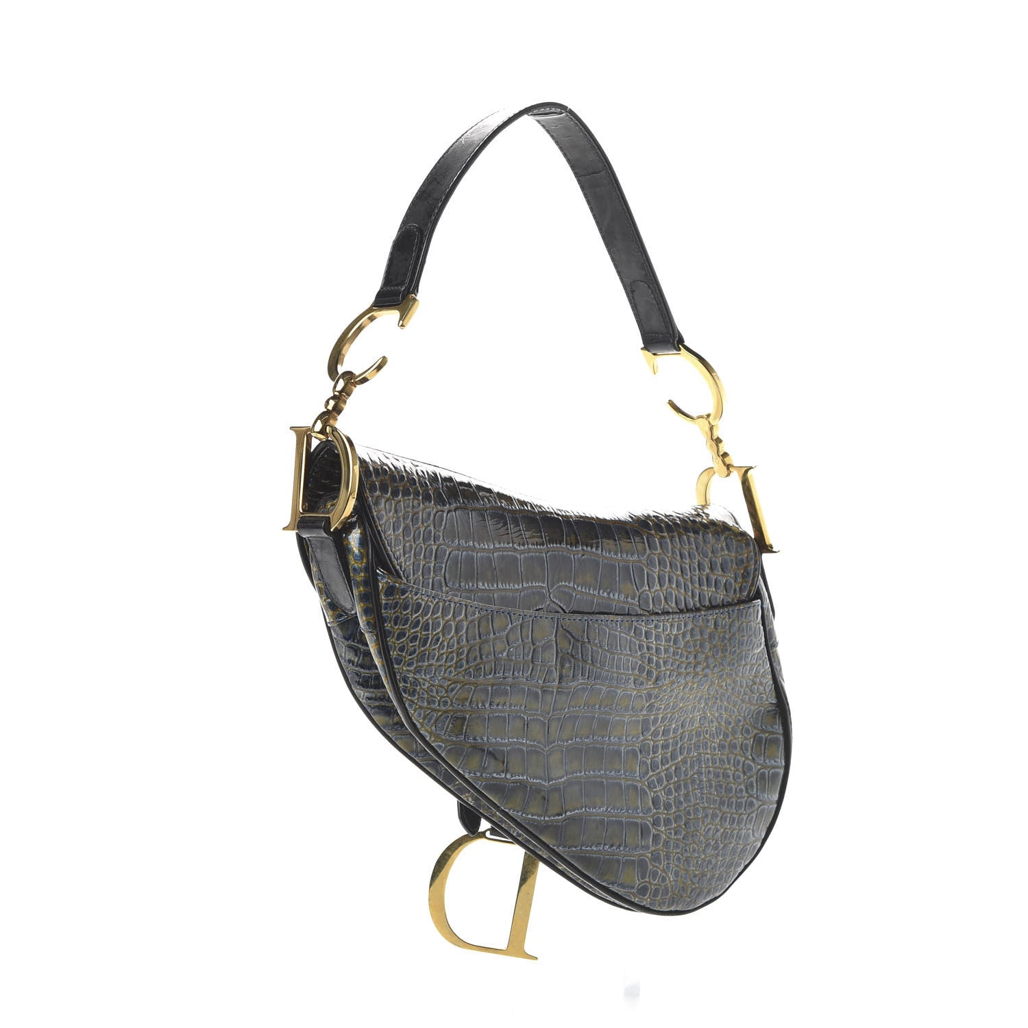 Christian Dior Patent Crocodile Embossed Calfskin Saddle Bag Blue 3 of 11