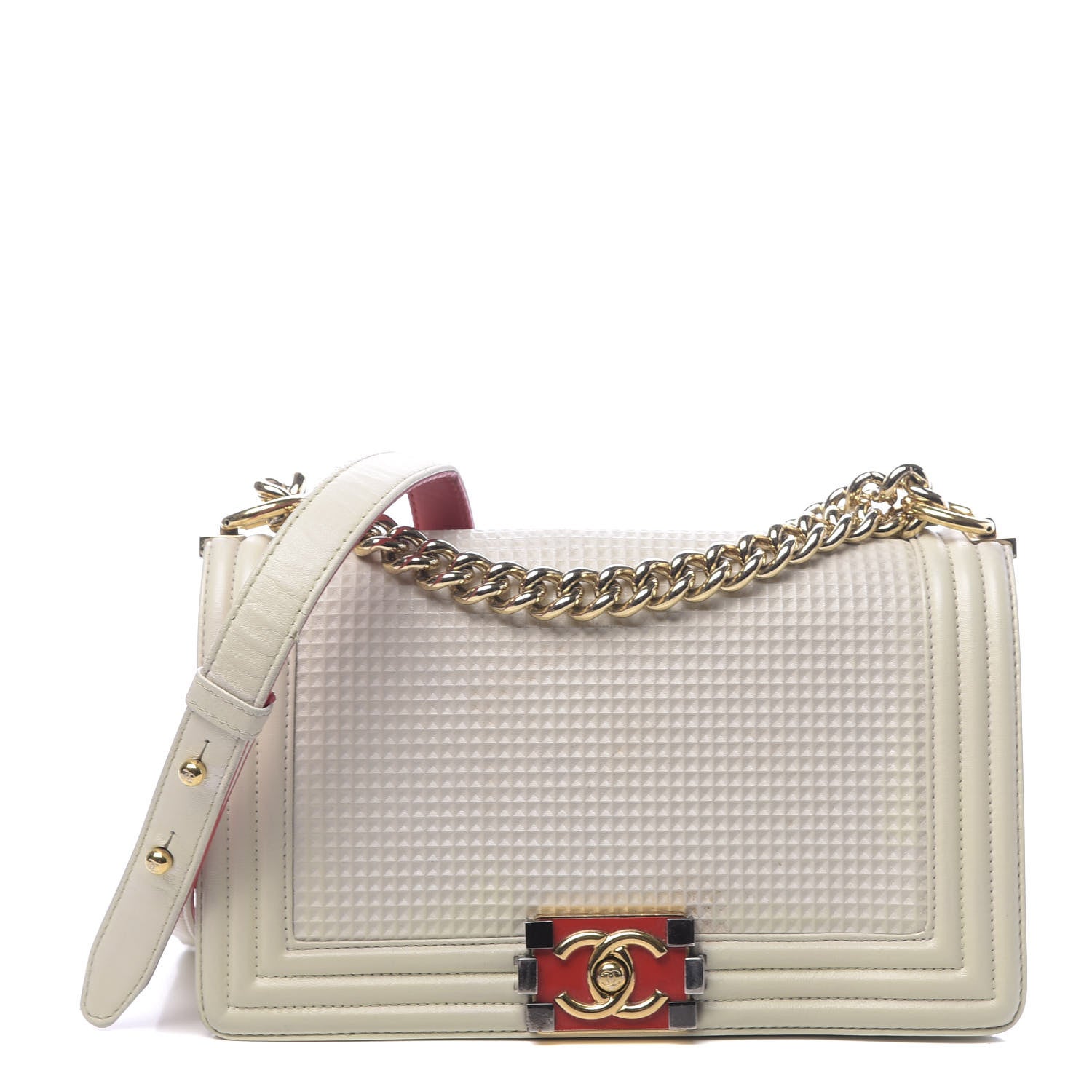 Chanel Lambskin Embossed Medium Boy Cube Flap White Red 1 of 11