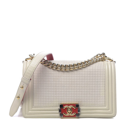 Chanel Lambskin Embossed Medium Boy Cube Flap White Red 1 of 11