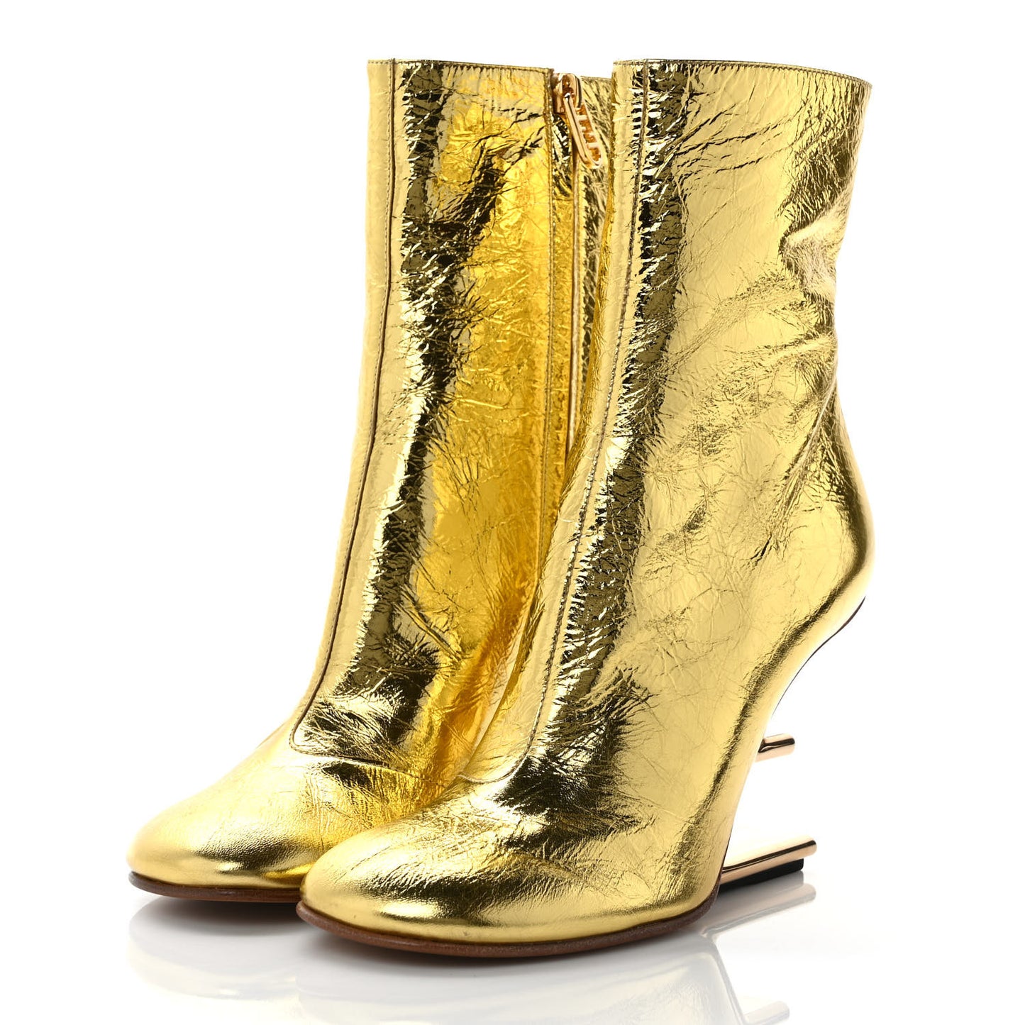 Laminated Craquele Nappa Fendi First 95mm Booties 37 Gold