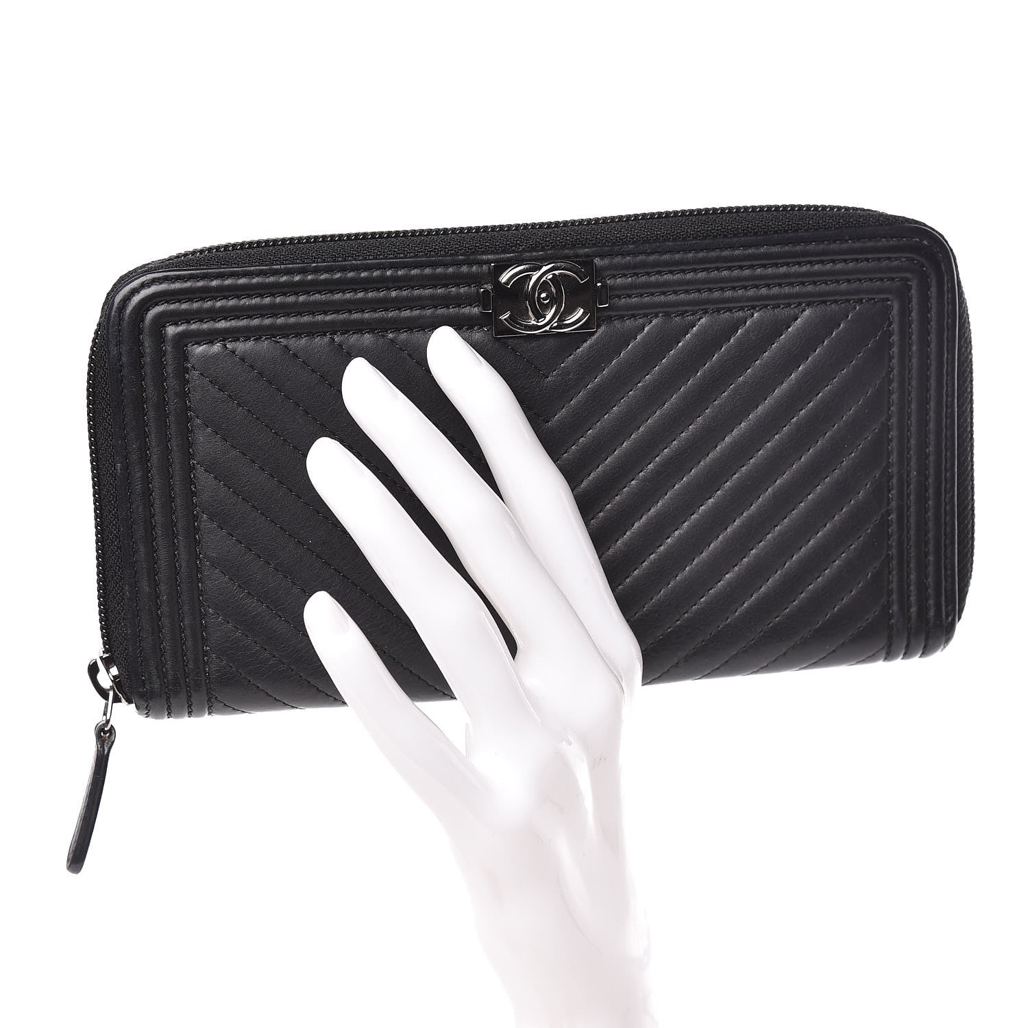 Chanel Lambskin Chevron Quilted Zip Around Boy Wallet Black 2 of 8